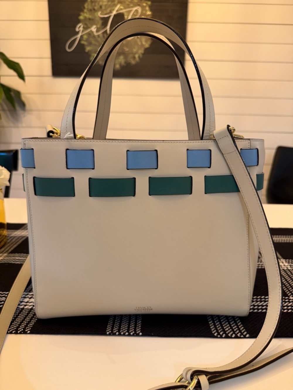 Frances Valentine White Leather Satchel with Basketweave Accents